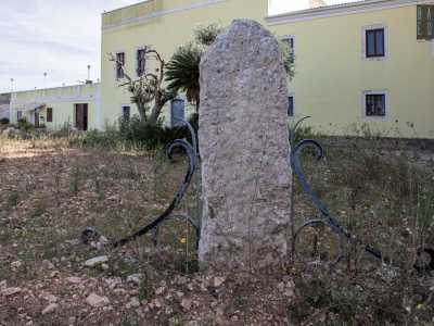 Tornando sul piazzale antistante la masseria scorgiamo in un�aiuola un menhir tra due volute in ferro. Il millenario monolite fu rubato dalla tenuta nel 1994 poi essere recuperato e sistemato qui nel 2012
